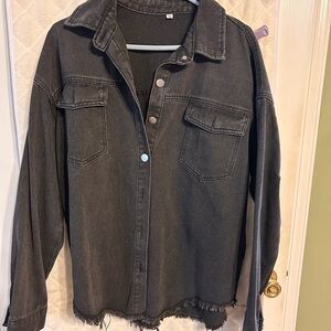 Black Denim Jacket with Frayed Hem
